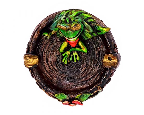 Handcrafted round incense holder ash tray with a floral design and 3D figurine of a chill frog relaxing with sunglasses in green, red, black, brown, and gold color combination.