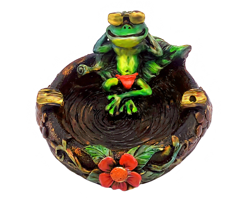Handcrafted round incense holder ash tray with a floral design and 3D figurine of a chill frog relaxing with sunglasses in green, red, black, brown, and gold color combination.