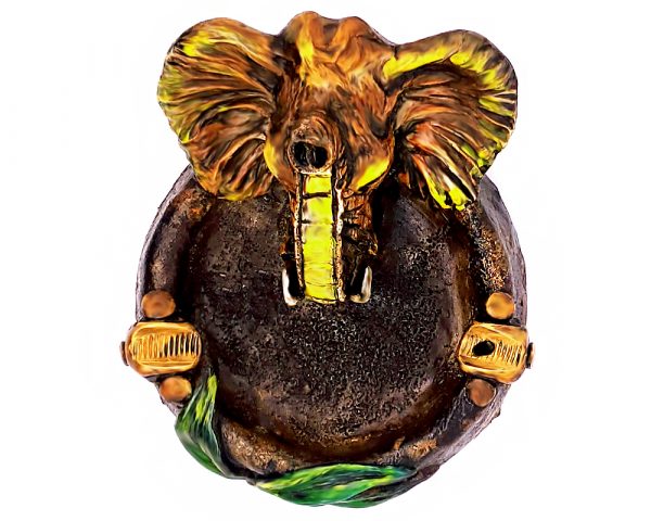 Handcrafted round incense holder ash tray with a leaf design and 3D figurine of an elephant head in yellow, beige, green, brown, black, and gold color combination.