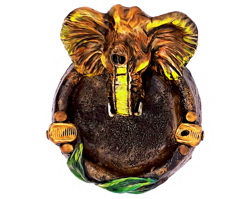 Handcrafted round incense holder ash tray with a leaf design and 3D figurine of an elephant head in yellow, beige, green, brown, black, and gold color combination.