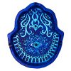 Handcrafted Hamsa hand-shaped flat incense holder ash tray with evil eye design in blue, turquoise, and light blue color combination.