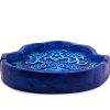 Handcrafted Hamsa hand-shaped flat incense holder ash tray with evil eye design in blue, turquoise, and light blue color combination.
