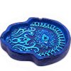 Handcrafted Hamsa hand-shaped flat incense holder ash tray with evil eye design in blue, turquoise, and light blue color combination.