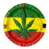 Handcrafted round-shaped flat incense holder ash tray with Rasta-colored mosaic tile design and cannabis pot leaf in green, yellow, and red color combination.