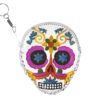 CP-020607009900 Handmade Day of the Dead sugar skull and floral design embossed leather coin purse keychain bag on silver metal key ring in white and multicolored color combination.