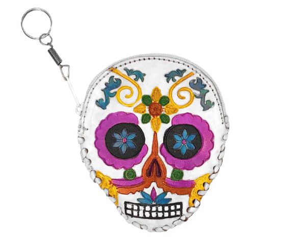 Handmade Day of the Dead sugar skull and floral design embossed leather coin purse keychain bag on silver metal key ring in white and multicolored color combination.