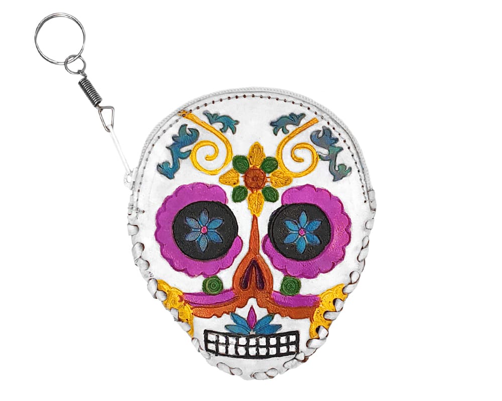 Handmade Day of the Dead sugar skull and floral design embossed leather coin purse keychain bag on silver metal key ring in white and multicolored color combination.