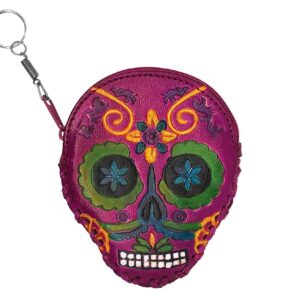 Handmade Day of the Dead sugar skull and floral design embossed leather coin purse keychain bag on silver metal key ring in magenta purple and multicolored color combination.