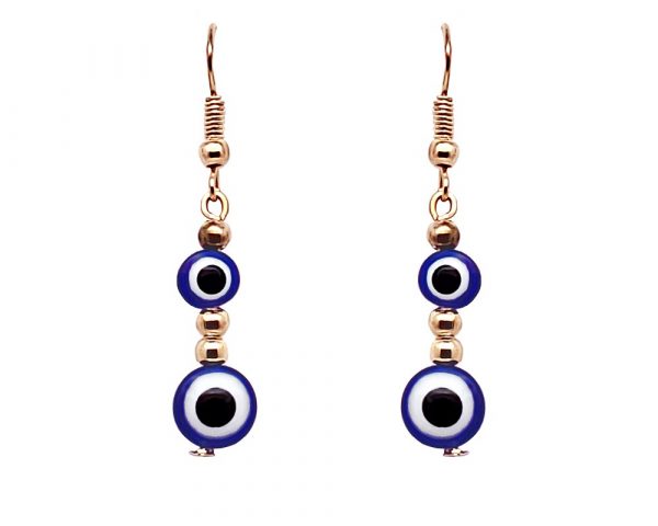 Handmade double round evil eye bead dangle earrings with metal seed beads in blue, white, black, and gold color combination.