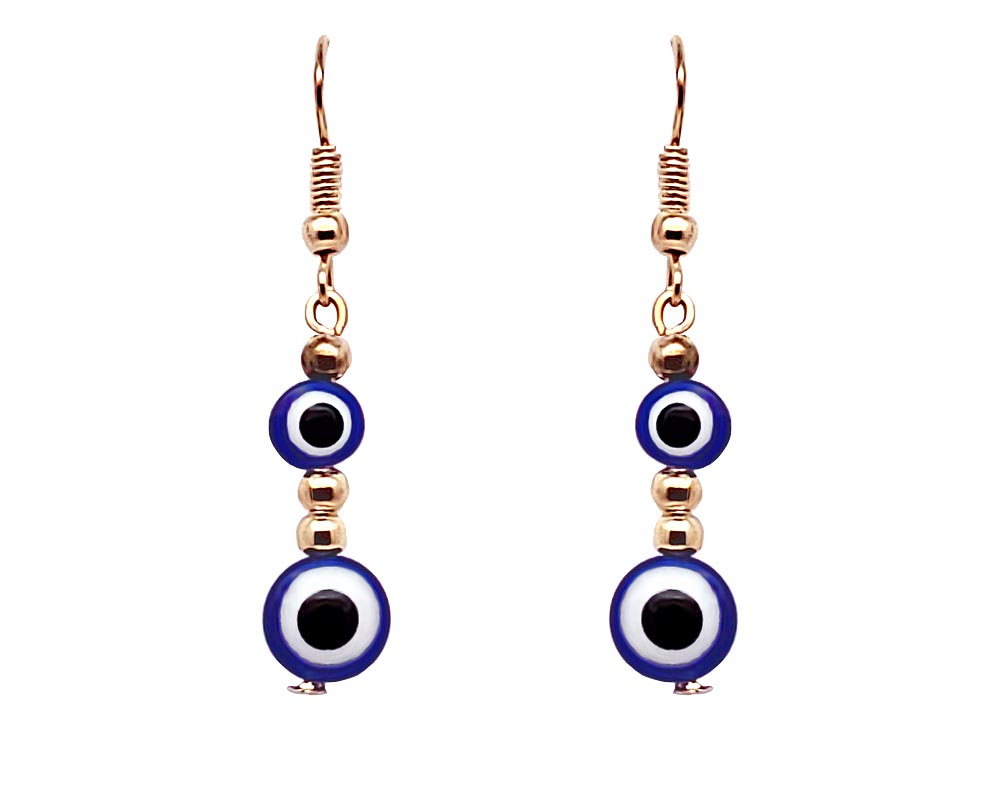 Handmade double round evil eye bead dangle earrings with metal seed beads in blue, white, black, and gold color combination.