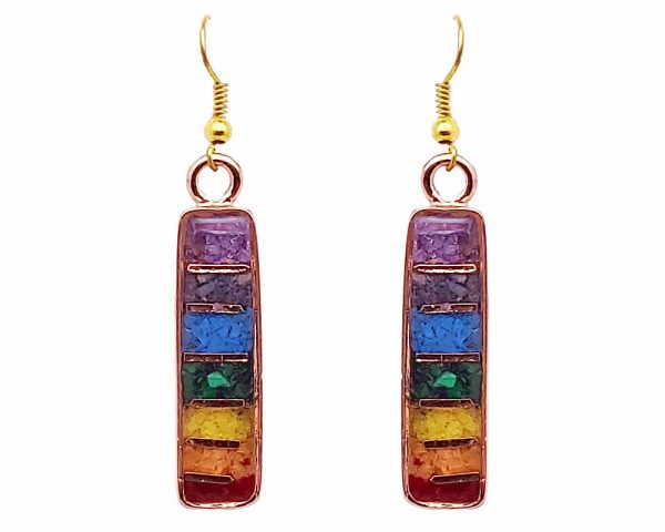 Handmad long rectangle-shaped striped acrylic resin, copper wire, and crushed chip stone inlay orgonite dangle earrings with 7 chakra rainbow striped pattern and copper metal setting.