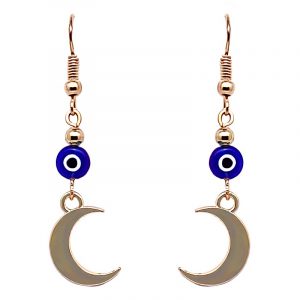 Handmade metal crescent moon charm dangle earrings with evil eye bead in blue, white, black, and gold color combination.
