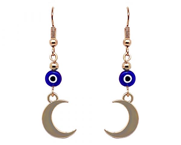 Handmade metal crescent moon charm dangle earrings with evil eye bead in blue, white, black, and gold color combination.