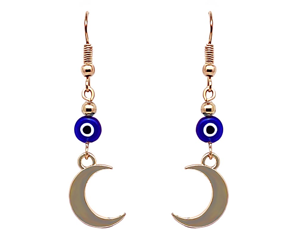 Handmade metal crescent moon charm dangle earrings with evil eye bead in blue, white, black, and gold color combination.