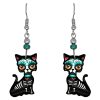 EA-041304090054 Day of the Dead sugar skull pattern cat acrylic dangle earrings with beaded metal hooks in black, white, teal, mint, red, and gold color combination.