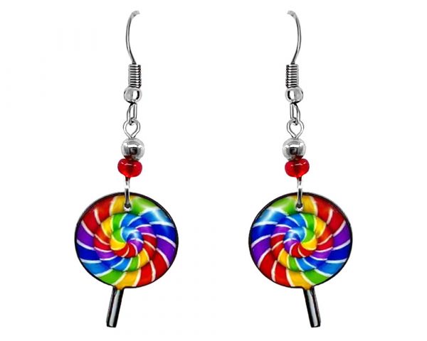 Handmade rainbow swirl candy lollipop acrylic dangle earrings with beaded metal hooks in multicolored and white color combination.