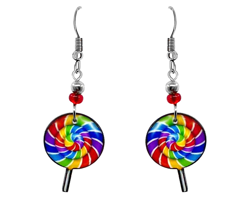 Handmade rainbow swirl candy lollipop acrylic dangle earrings with beaded metal hooks in multicolored and white color combination.