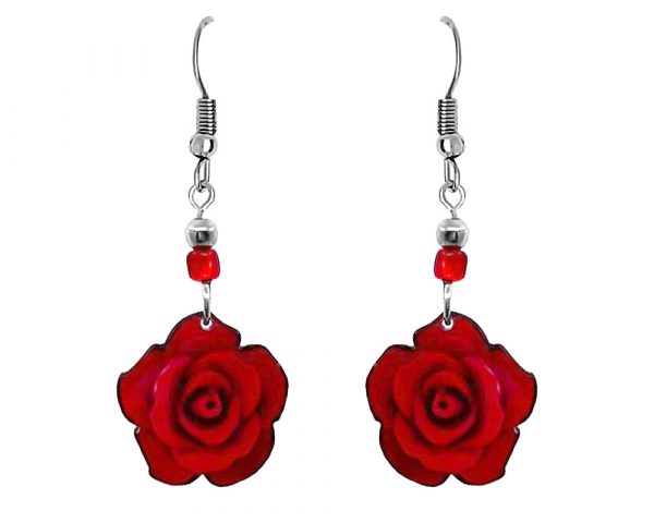 Handmade rose flower acrylic dangle earrings with beaded metal hooks in red and dark red color combination.