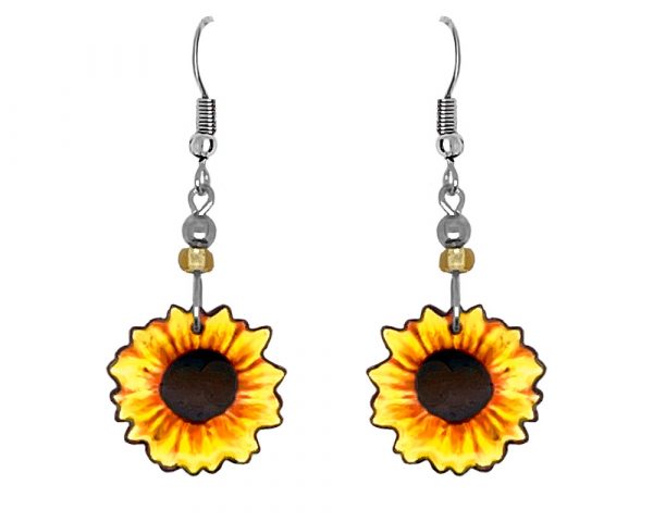 Handmade sunflower acrylic dangle earrings with beaded metal hooks in golden yellow, orange, and dark brown color combination.