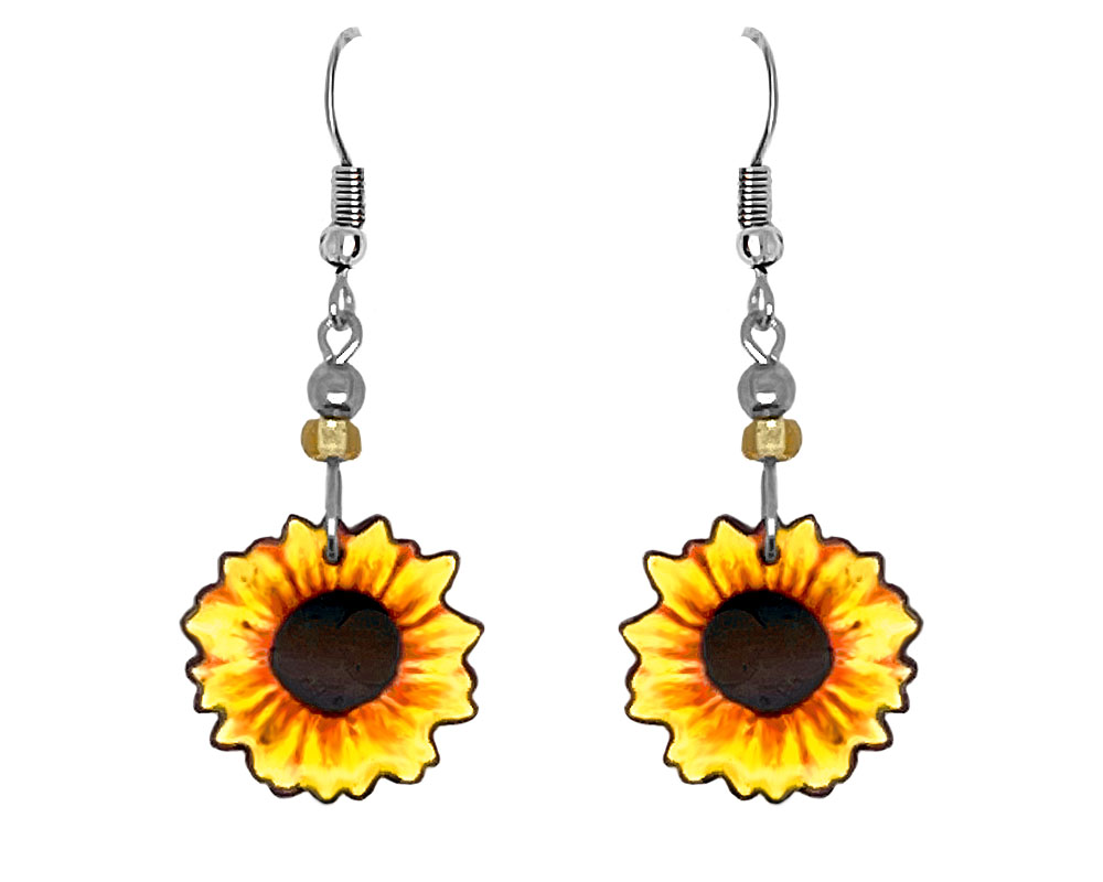 Handmade sunflower acrylic dangle earrings with beaded metal hooks in golden yellow, orange, and dark brown color combination.