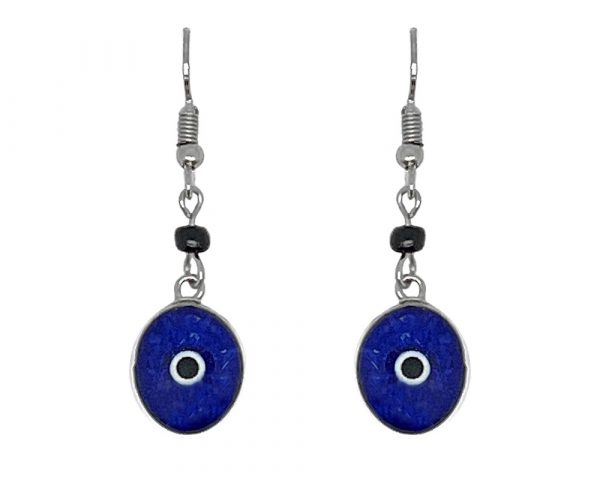 Handmade mini oval-shaped resin and crushed chip stone inlay dangle earrings with round evil eye bead, alpaca silver metal setting, and beaded metal hooks in blue, white, and black color combination.