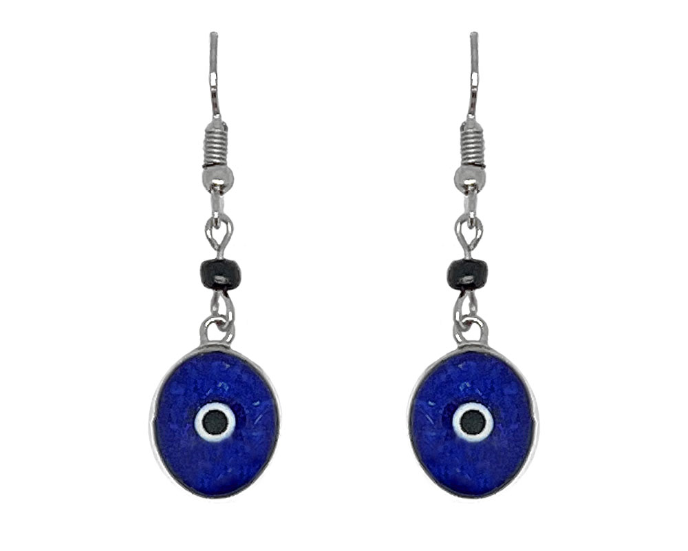 Handmade mini oval-shaped resin and crushed chip stone inlay dangle earrings with round evil eye bead, alpaca silver metal setting, and beaded metal hooks in blue, white, and black color combination.