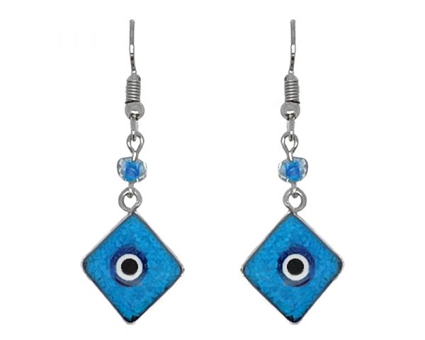 Handmade mini diamond-shaped resin and crushed chip stone inlay dangle earrings with round evil eye bead, alpaca silver metal setting, and beaded metal hooks in turquoise, blue, white, and black color combination.