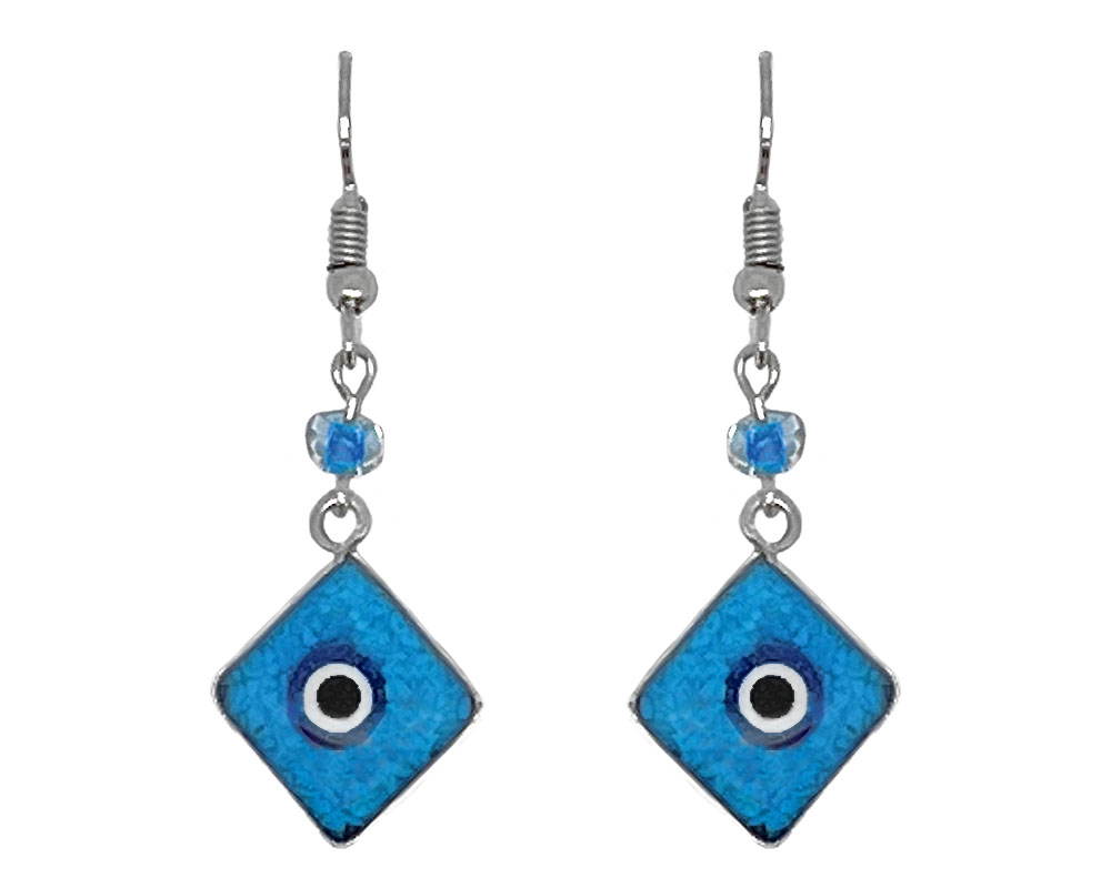 Handmade mini diamond-shaped resin and crushed chip stone inlay dangle earrings with round evil eye bead, alpaca silver metal setting, and beaded metal hooks in turquoise, blue, white, and black color combination.