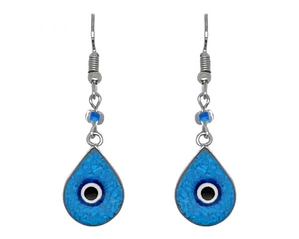 Handmade mini teardrop-shaped resin and crushed chip stone inlay dangle earrings with round evil eye bead, alpaca silver metal setting, and beaded metal hooks in turquoise, blue, white, and black color combination.