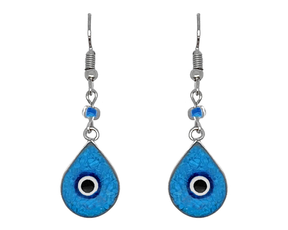 Handmade mini teardrop-shaped resin and crushed chip stone inlay dangle earrings with round evil eye bead, alpaca silver metal setting, and beaded metal hooks in turquoise, blue, white, and black color combination.