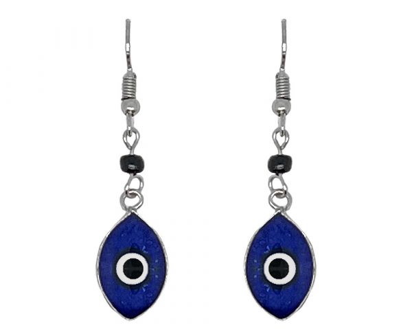 Handmade mini ellipse-shaped resin and crushed chip stone inlay dangle earrings with round evil eye bead, alpaca silver metal setting, and beaded metal hooks in blue, white, and black color combination.