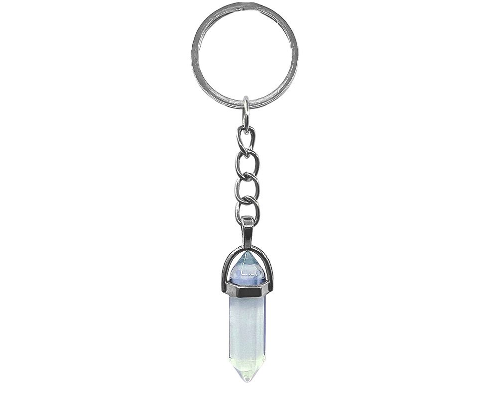 Handmade hexagonal-cut gemstone crystal point keychain with silver metal on silver metal key ring in iridescent white opalite.
