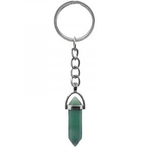 Handmade hexagonal-cut gemstone crystal point keychain with silver metal on silver metal key ring in green aventurine.