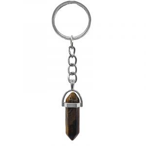 Handmade hexagonal-cut gemstone crystal point keychain with silver metal on silver metal key ring in golden brown tiger's eye.