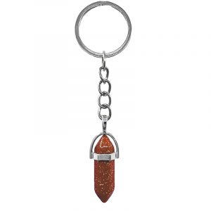 Handmade hexagonal-cut gemstone crystal point keychain with silver metal on silver metal key ring in orange brown goldstone.