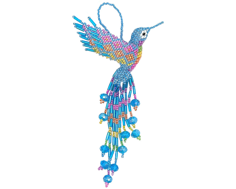 Handmade Czech glass seed bead hummingbird figurine hanging ornament with crystal beaded tail dangles in pastel light blue and multicolored color combination.