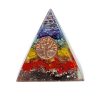 Handmade acrylic resin, copper wire, and crushed chip stone inlay orgonite pyramid table ornament with 7 chakra rainbow striped pattern and round copper metal tree of life charm.