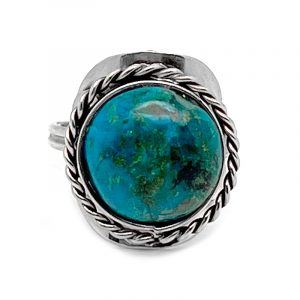 Handmade round-shaped semi-precious gemstone cabochon on adjustable alpaca silver metal ring with rope edge border in teal green chrysocolla.