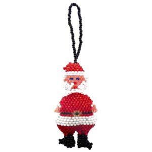 Handmade Czech glass seed bead Christmas figurine hanging ornament of a Santa Claus in red, white, peach, and black color combination.