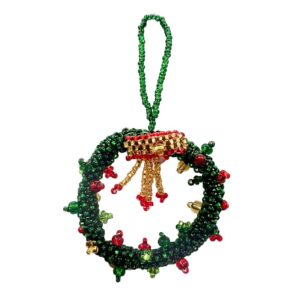 Handmade Czech glass seed bead Christmas figurine hanging ornament of a wreath in green, gold, and red color combination.