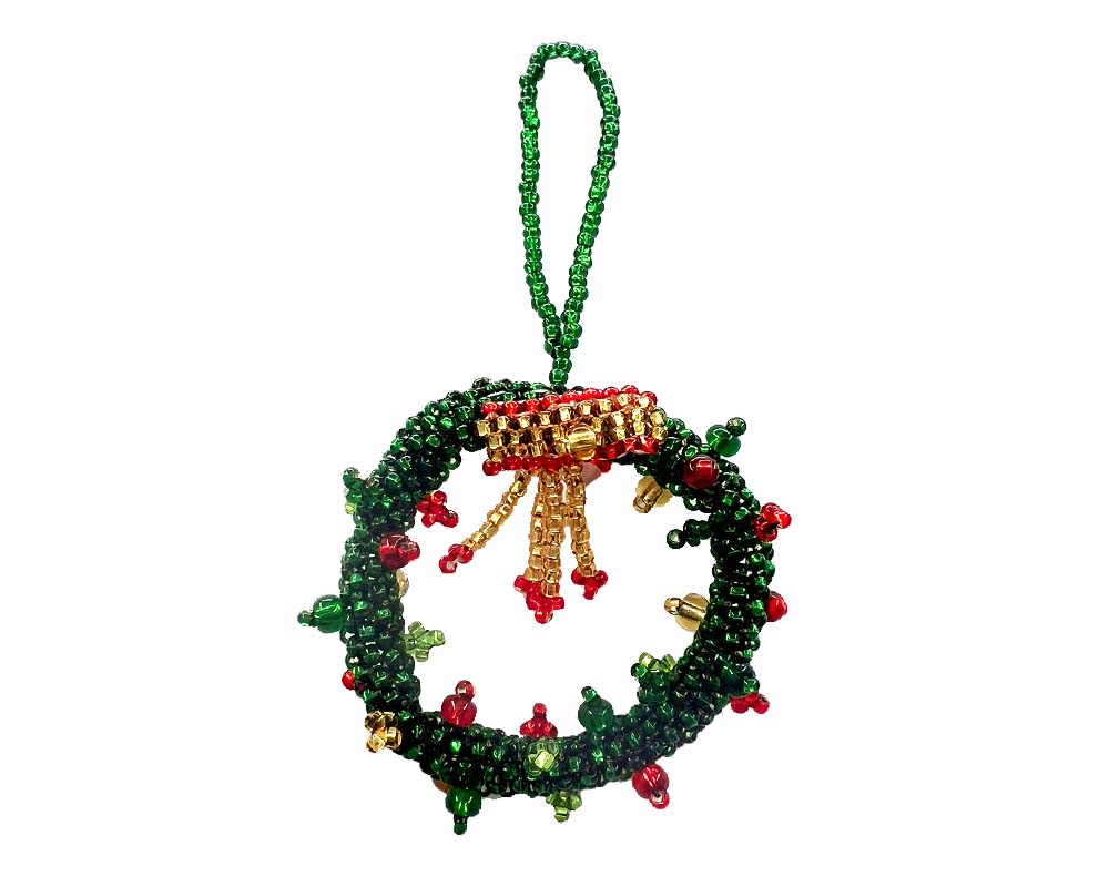 Handmade Czech glass seed bead Christmas figurine hanging ornament of a wreath in green, gold, and red color combination.