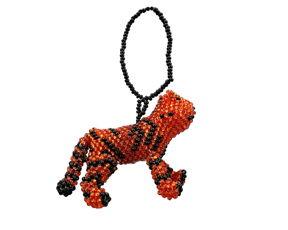 Handmade Czech glass seed bead animal figurine hanging ornament of a tiger in orange and black color combination.