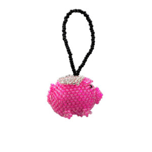 Handmade Czech glass seed bead animal figurine hanging ornament of a flying pig in pink and white silver color combination.