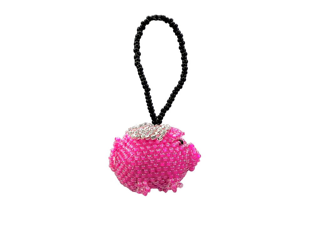 OR-010601079009 Handmade Czech glass seed bead animal figurine hanging ornament of a flying pig in pink and white silver color combination.