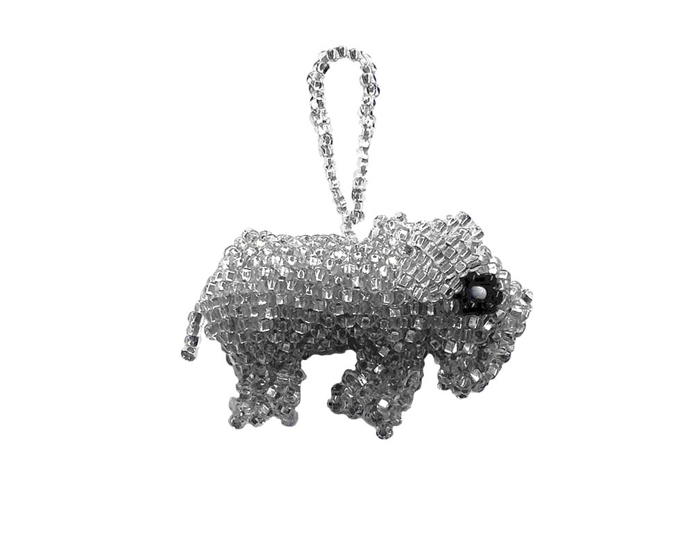 OR-010601901909 Handmade Czech glass seed bead animal figurine hanging ornament of an elephant in silver, gray, and black color combination.