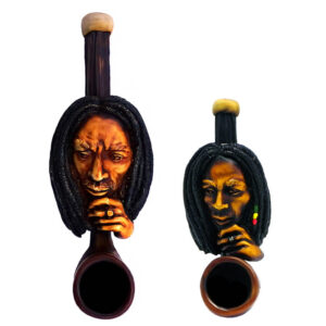 Handcrafted tobacco smoking hand pipe of Bob thinking with hand on chin in both mini and small sizes.