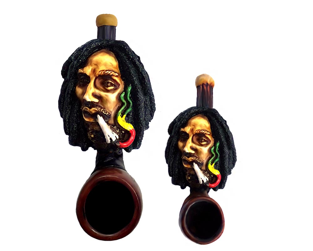Handcrafted tobacco smoking hand pipe of smoking Bob with Rasta-colored fumes in both mini and small sizes.