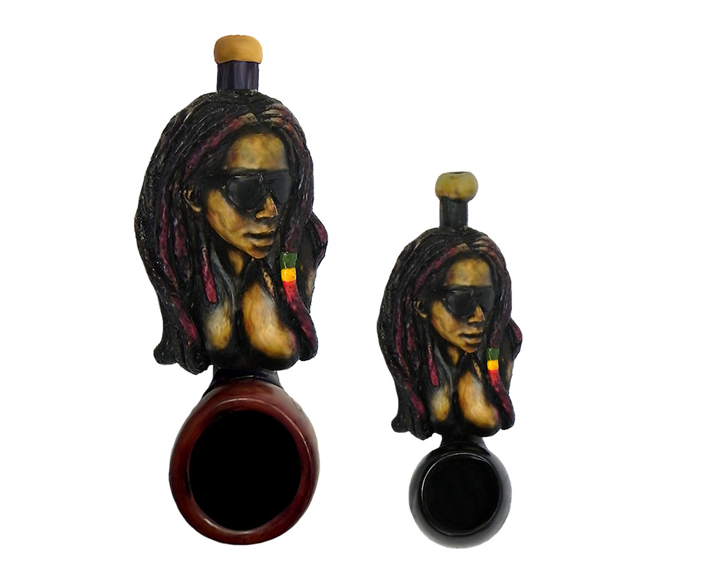 2P-010401 Handcrafted tobacco smoking hand pipe of a sexy Rasta woman with dreads and sunglasses in both mini and small sizes.