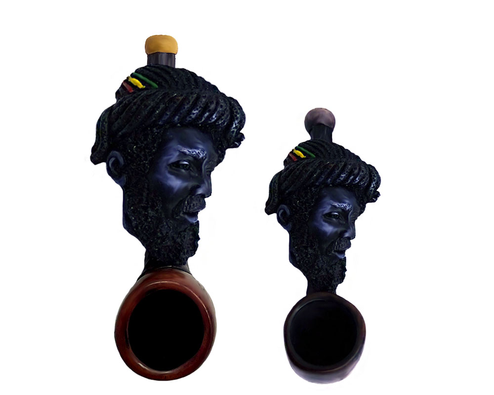 2P-010504 Handcrafted tobacco smoking hand pipe of a Rasta man with large dreads in both mini and small sizes.