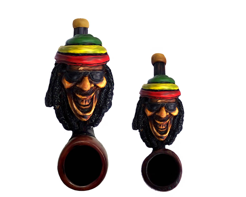 2P-010506 Handcrafted tobacco smoking hand pipe of a Rasta man wearing a hat and sunglasses in both mini and small sizes.